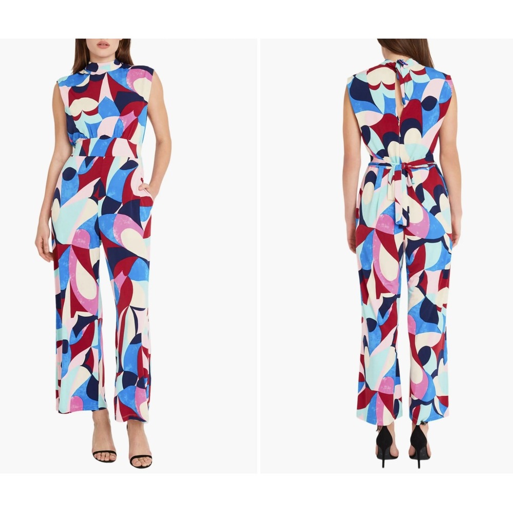 Donna Morgan Geometric Abstract Print Sleeveless Wide Leg Jumpsuit Creamberry 10